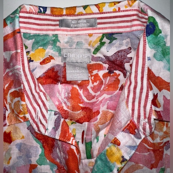 Chico’s No-Iron Fresh Chic Linen Blouse Women’s Size 0 (S/4-6) Floral Button up - Picture 2 of 8